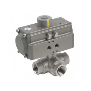 Valvula de esfera 3 vías paso en "L" a/inox. A-316 con rosca 1/2" y actuador neumatico simple efecto