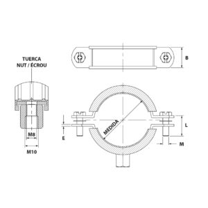 Abrazadera isofonica reforzada inoxidable A-2 204 mm. (M8+M10)