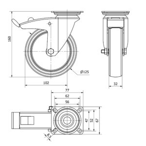 Rueda goma giratoria con freno Alex diametro 125 mm. modelo TW0072 - Imagen 2