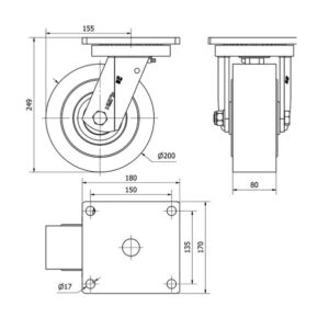 Rueda nylon-poliamida giratoria  Alex diametro 200 mm. 2-0111 - Imagen 2