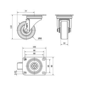 Rueda poliuretano giratoria  Alex diametro 80 mm. 2-0328 - Imagen 2