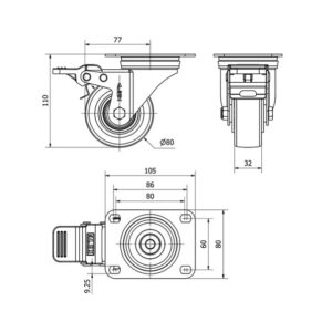 Rueda poliuretano giratoria con freno Alex diametro 80 mm. 2-0337 - Imagen 2