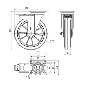 Rueda goma giratoria con freno Alex diametro 250 mm. 2-0406 - Imagen 2