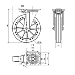 Rueda goma giratoria con bloqueo direccional Alex diametro 250 mm. 2-0407 - Imagen 2